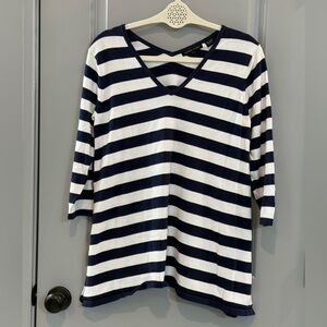 JEANNE PIERRE Navy & White Striped V-Neck Tunic Top